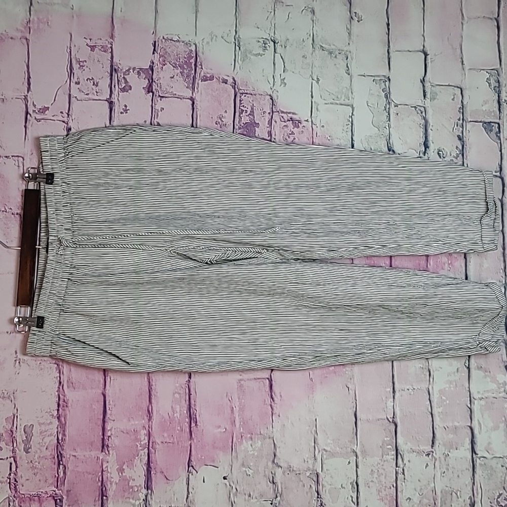 J. CREW FACTORY LINEN BLEND WIDE LEG DRAWSTRING PANTS BLACK AND WHITE STRIPES 14